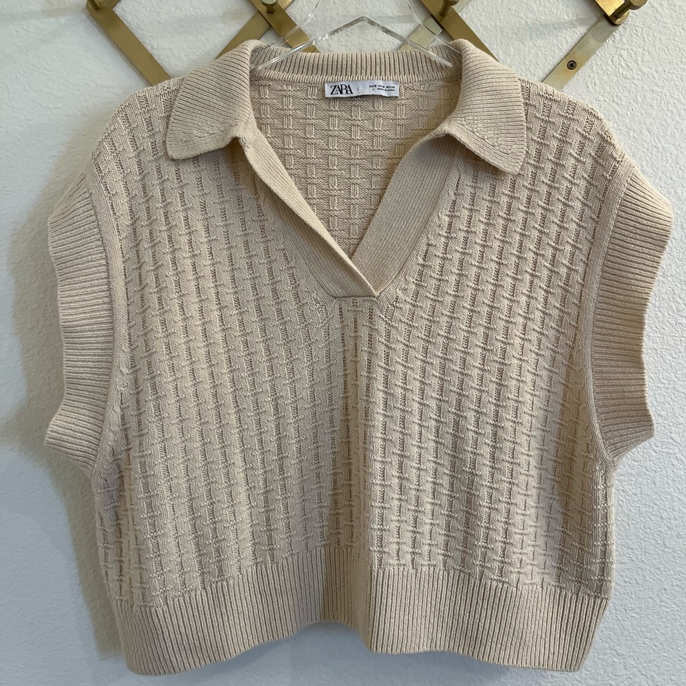 Zara Knit Polo Collared Vest Ecru Small Boxy Fit - Picture 8 of 12